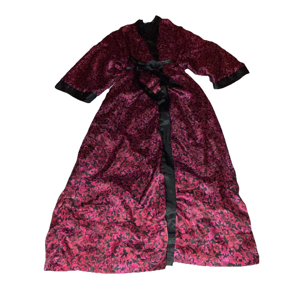 Vintage Valerie Stevens‎ Intimates Red Floral Satin Robe Fleece Lined M/L Lounge